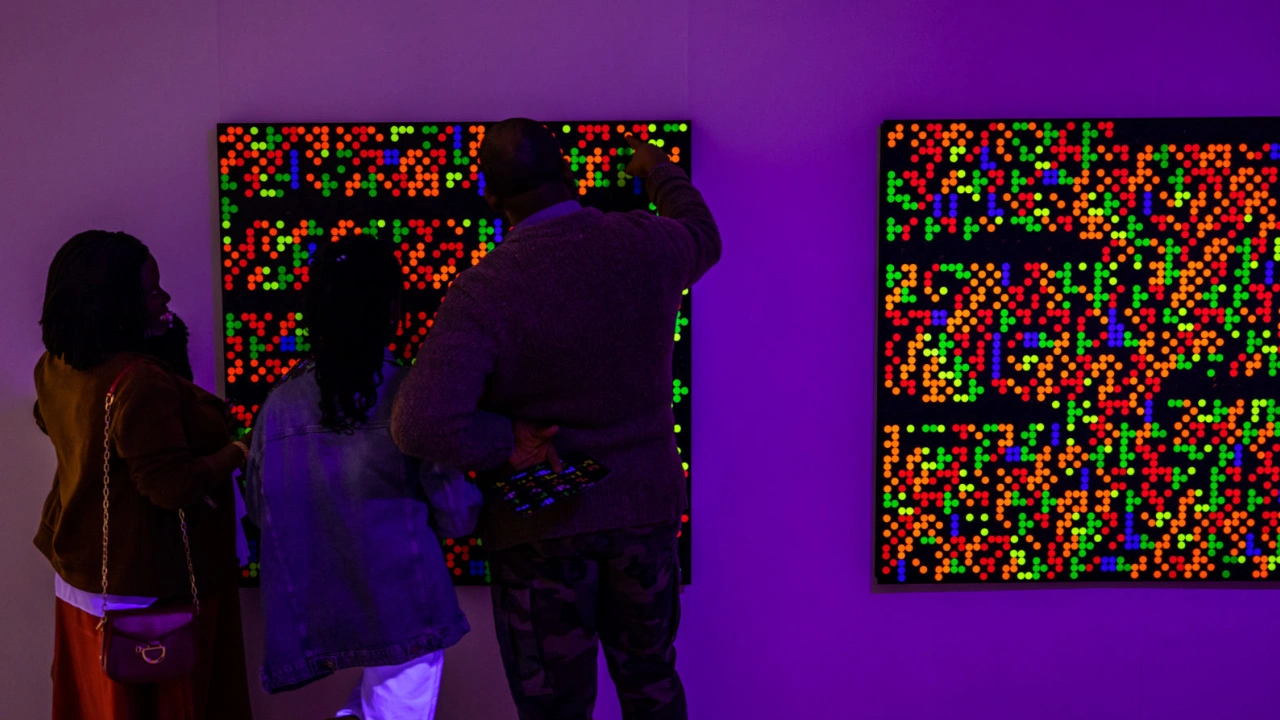 Three black exhibition visitors looking at colourful Braille board